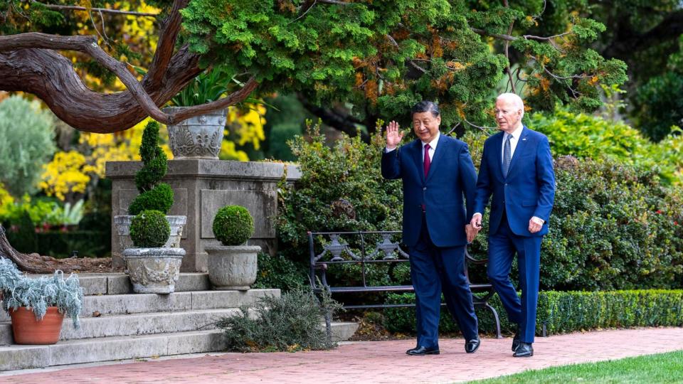PHOTO: President Joe Biden and China's President President Xi Jinping walk in the gardens at the Filoli Estate in Woodside, Calif., Wednesday, Nov, 15, 2023. (Doug Mills/The New York Times via AP)
