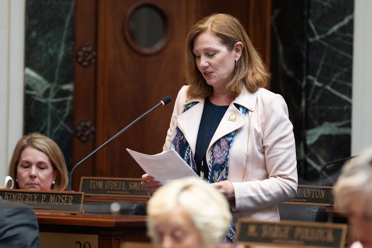 Rep. Kim Moser speaks during the last day of the legislative session on Monday, April 15, 2024.