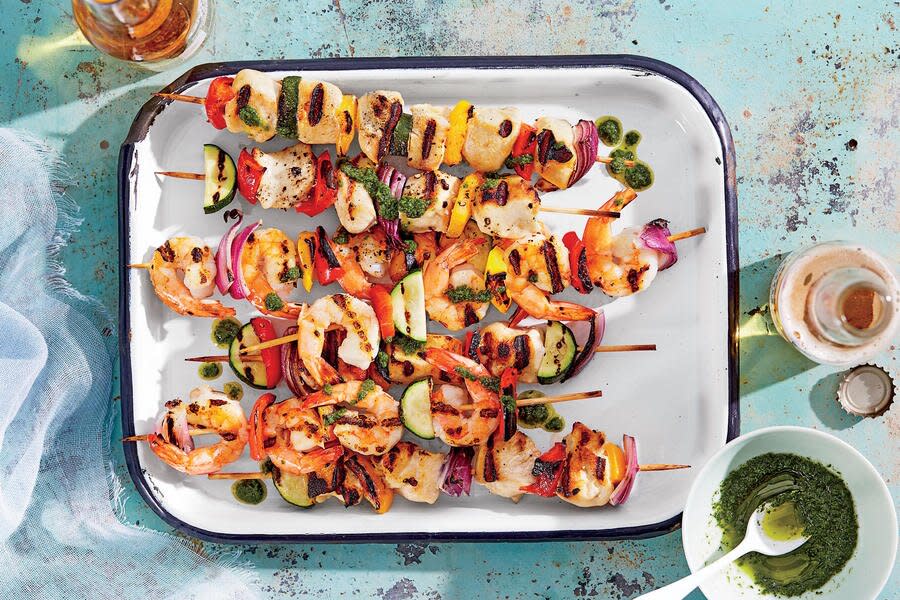 Chicken-and-Shrimp Kebabs with Summer Vegetables and Basil Oil