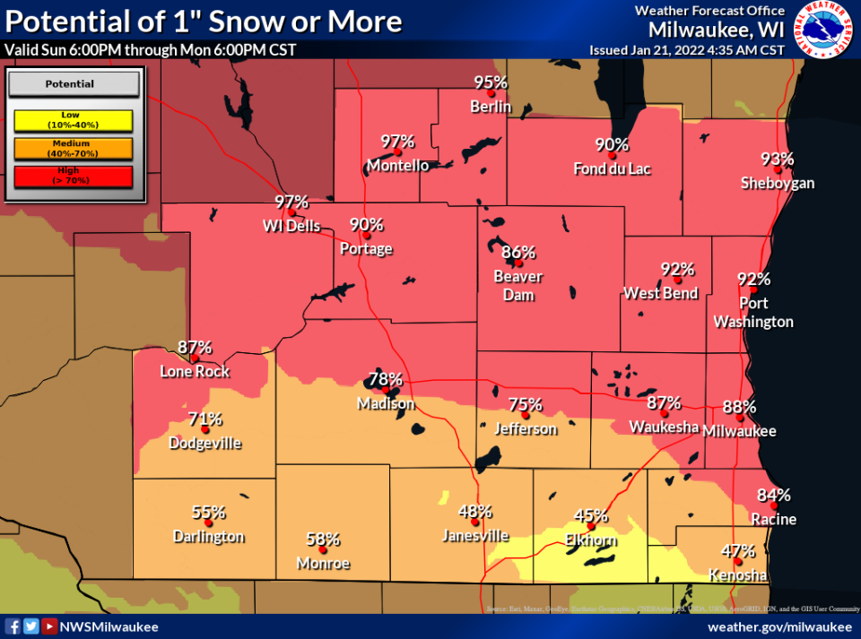 Southern Wisconsin could see accumulating snow late Sunday into early Monday, but considerable uncertainty remains as to how much snow will fall.