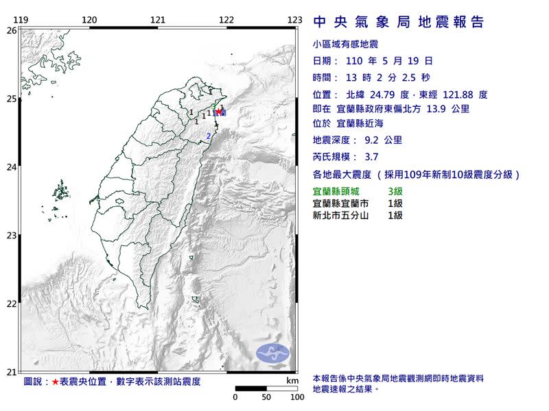 時隔兩分鐘，宜蘭再次發生規模3.7有感地震。（圖／中央氣象局）