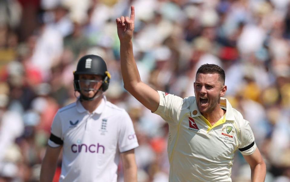 Hazlewood celebrates getting the wicket of Duckeet