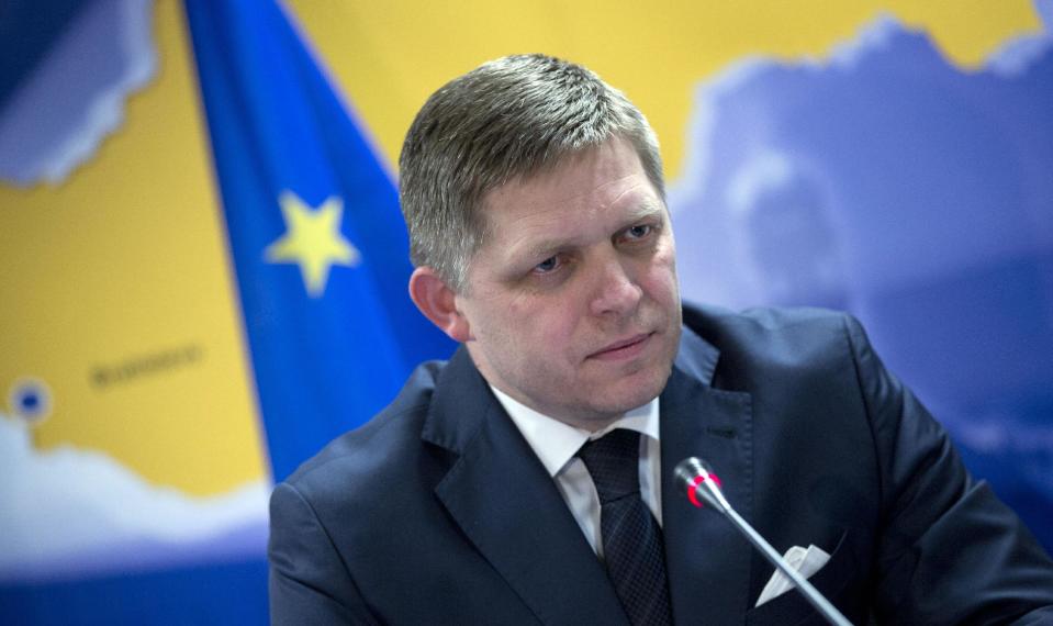 FILE - In this Thursday March 6, 2014 file photo, Slovakian Prime Minister Robert Fico listens to questions during a media conference after an EU summit in Brussels. Slovakia’s presidential runoff on Saturday March 29, 2014, pits the country’s best-known politician, a prime minister whose party has a lock on parliament, against a businessman-turned philanthropist who is hoping to capitalize on a corruption scandal that reached up into high levels of government. (AP Photo/Virginia Mayo, File)