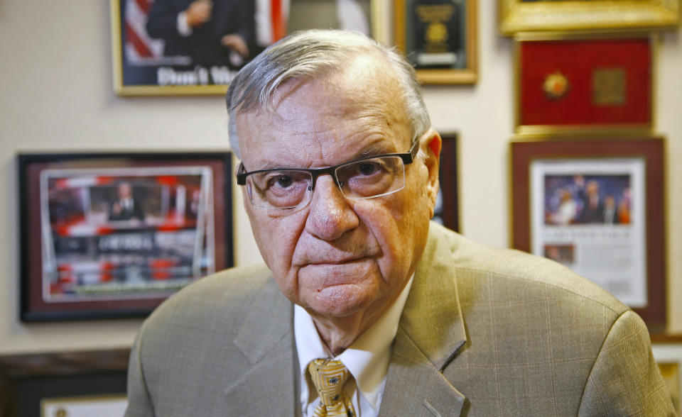 FILE - In this Aug. 26, 2019, file photo, former Maricopa County Sheriff Joe Arpaio poses for a portrait at his private office in Fountain Hills, Arizona. On Monday, May 22, 2023, county officials said legal and compliance costs in a racial profiling lawsuit over Arpaio's immigration crackdowns is expected to reach $273 million by the summer of 2024. (AP Photo/Ross D. Franklin, File)