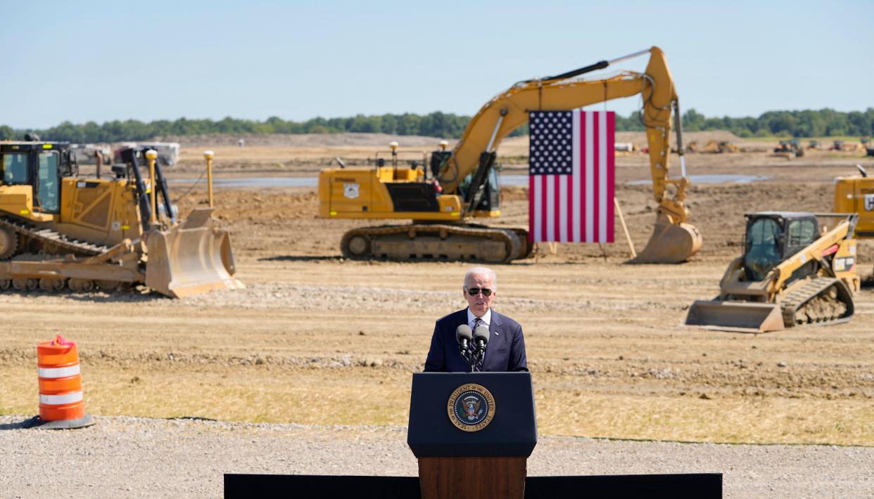 President Joe Biden speaks at a groundbreaking ceremony Friday for Intel's $20 billion microchip manufacturing project. Intel has promised two factories in Licking County that will employ 3,000 workers.