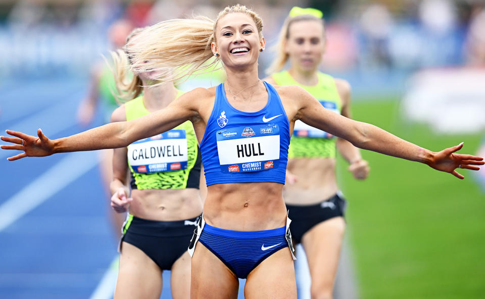 Jessica Hull, pictured here after completing the 1500m, 3000m and 5000m treble.