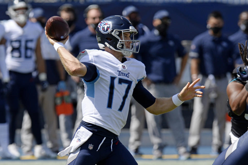 Tennessee Titans quarterback Ryan Tannehill (17) passes against the Jacksonville Jaguars in the first half of an NFL football game Sunday, Sept. 20, 2020, in Nashville, Tenn. (AP Photo/Mark Zaleski)