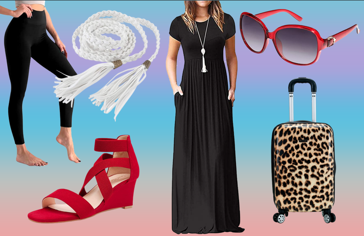 Leggings, sandal, black dress, red sunglasses, luggage