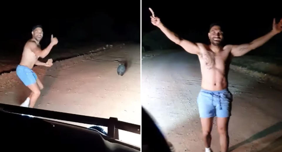 A man follows a wombat as a car trails him looking to throw a stone at it. He then raises his hands in the air cheering after stoning it.