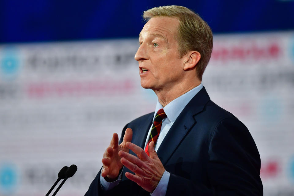 Democratic presidential hopeful billionaire and philanthropist Tom Steyer speaks on stage during the sixth Democratic primary debate of the 2020 presidential campaign in Los Angeles on Dec. 19, 2019. | Frederic J. Brown—AFP via Getty Images