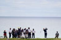 Team Europe's Paul Casey hits on the ninth hole during a practice day at the Ryder Cup at the Whistling Straits Golf Course Tuesday, Sept. 21, 2021, in Sheboygan, Wis. (AP Photo/Ashley Landis)