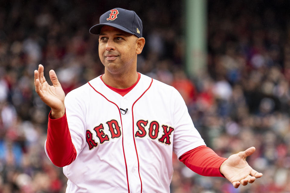 BOSTON, MA - APRIL 9: Manager Alex Cora of the Boston Red Sox is introduced during a 2018 World Series championship ring ceremony before the Opening Day game against the Toronto Blue Jays on April 9, 2019 at Fenway Park in Boston, Massachusetts. (Photo by Billie Weiss/Boston Red Sox/Getty Images)