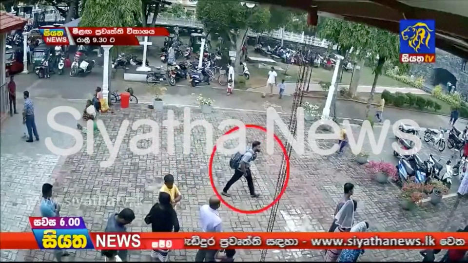 A suspected suicide bomber enters St Sebastian's Church in Negombo, Sri Lanka April 21, 2019 in this still image taken from a CCTV handout footage of Easter Sunday attacks released on April 23, 2019. (Photo: CCTV/Siyatha News via Reuters)