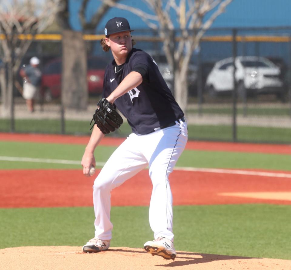 Detroit Tigers pitcher Trey Wingenter throws live batting practice during Spring Training Tuesday, February 21, 2023.