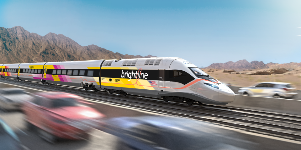 Handout rendering of a Brightline West train.