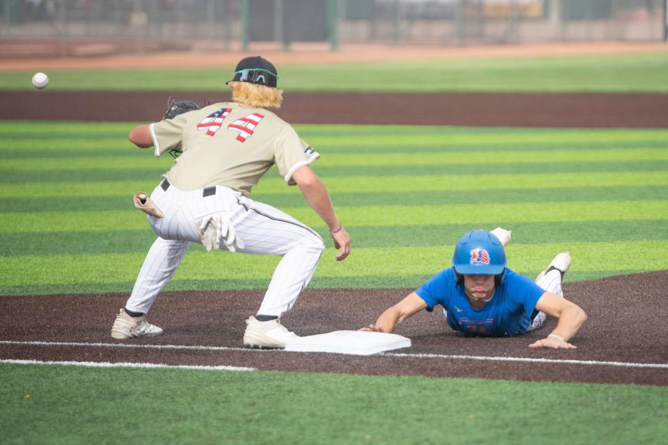 Pueblo Azteca's Jaiven Baca slides safely back to first base during a day two game of the 44th annual Tony Andenucio Tournament against the Victus Recruits on Friday, June 14, 2024.