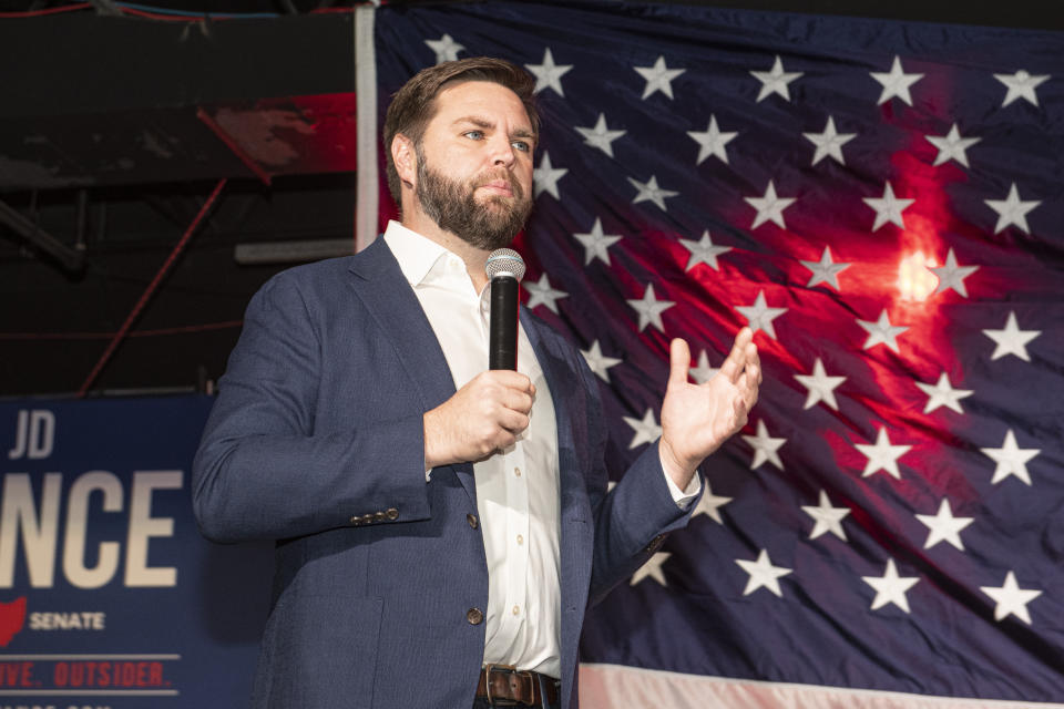 JD Vance, Republican candidate for U.S. Senator in Ohio, speaks at a campaign event in Medina, Ohio, Friday, Oct. 21, 2022. (AP Photo/Phil Long)