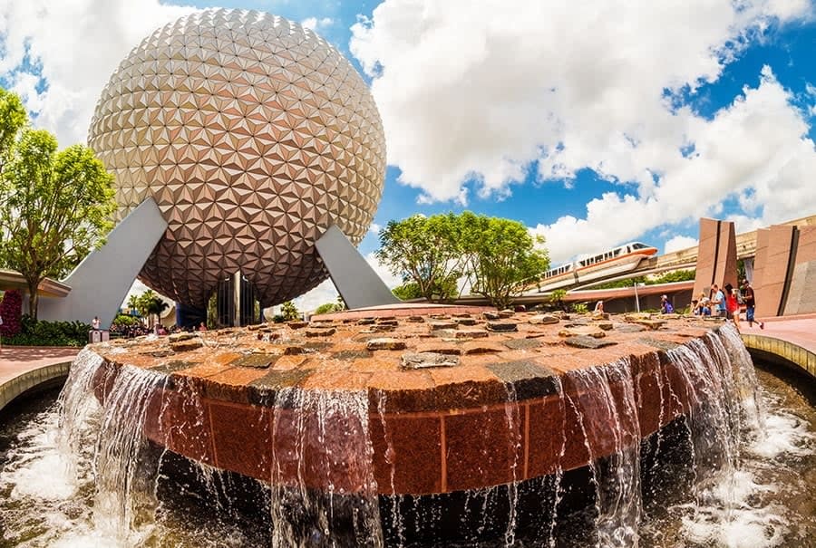 Spaceship Earth with a fountain in the foreground at EPCOT. 