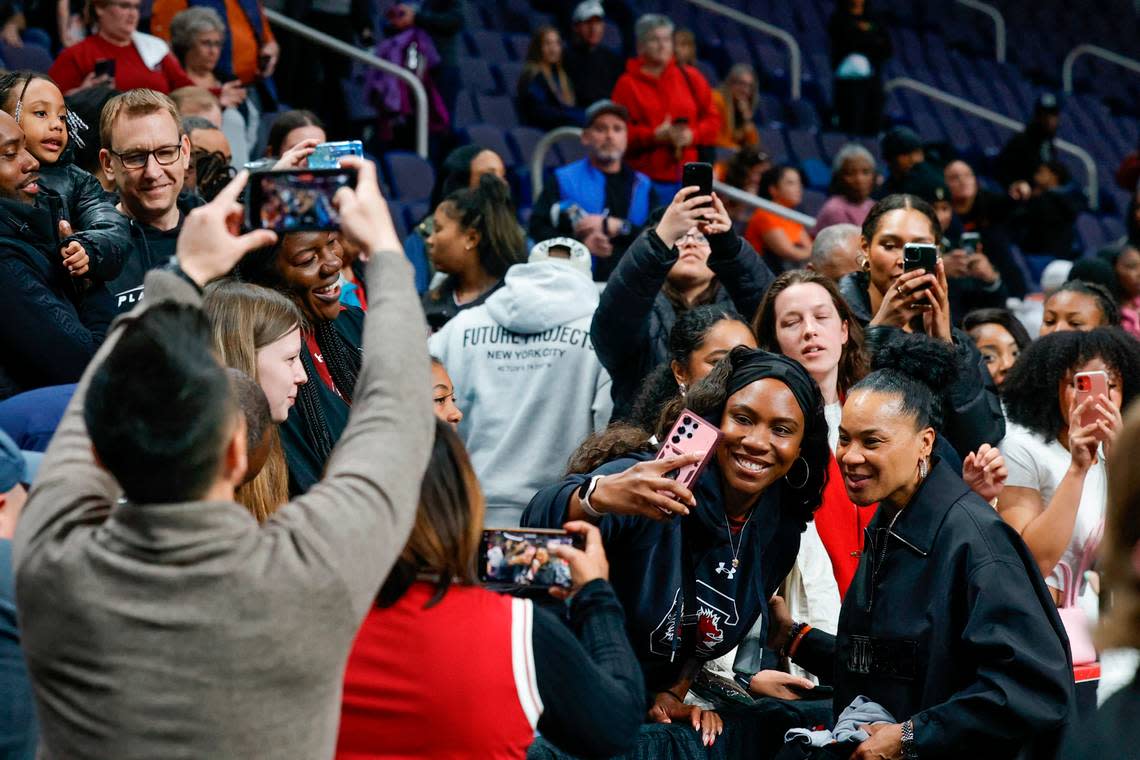 University of South Carolina Head Coach Dawn Staley greets fans after the Gamecocks beat Oregon State at the MVP Arena in Albany, New York on Sunday, March 31, 2024. Tracy Glantz/tglantz@thestate.com