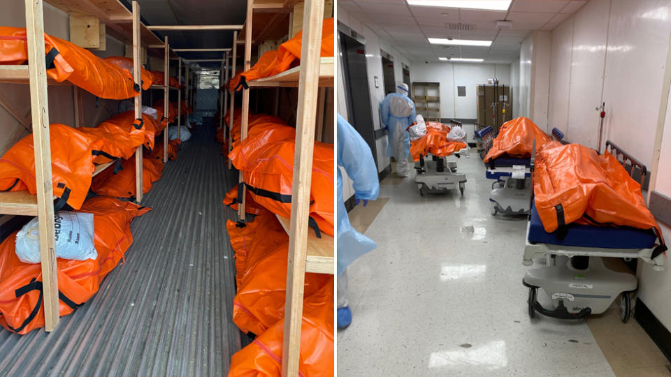 Bodies from a hospital in Brooklyn are moved to a refrigerator truck serving as a temporary morgue