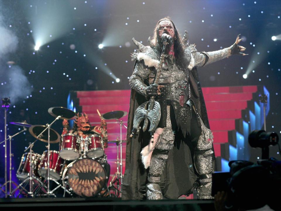 The Finnish entry for the Eurovision Song Contest, Lordi perform live at the final in Athens, Greece on May 18 2006