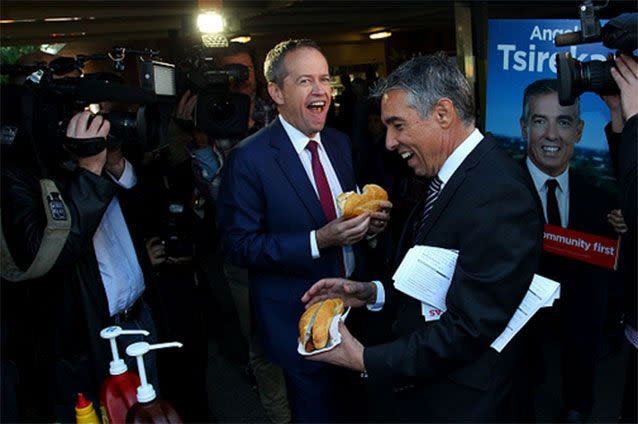 Shorten enjoys a well-earned snag after a long campaign. Source: Getty