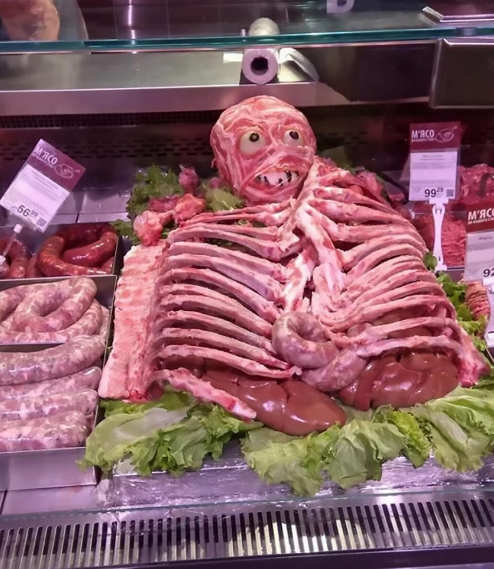 The meat skeleton was on display at a Ukraine butcher