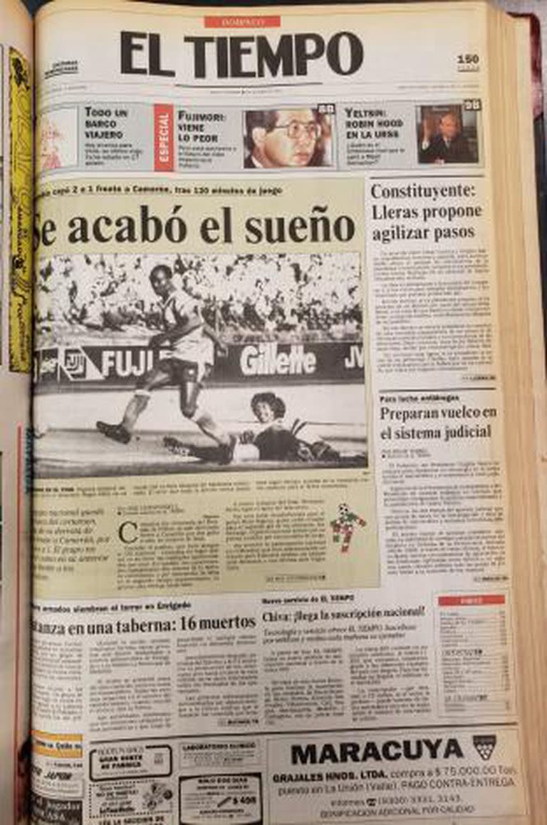 Portada del 24 de junio de EL TIEMPO, que informaba sobre la matanza y la eliminación de la Selección Colombia del Mundial de Italia 90