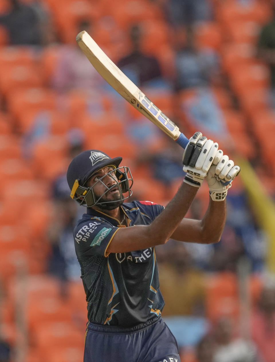 Gujarat Titan's Vijay Shankar plays a shot during the Indian Premier League (IPL) match between Gujarat Titans and Kolkata Knight Riders in Ahmedabad, India, Sunday, April 9, 2023. (AP Photo/Ajit Solanki)