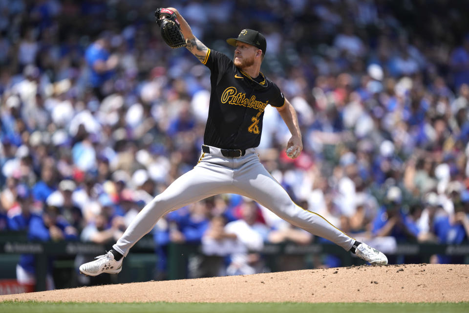 Pittsburgh Pirates pitcher Bailey Falter delivers during the first inning of a baseball game against the Chicago Cubs, Saturday, May 18, 2024, in Chicago. (AP Photo/Charles Rex Arbogast)