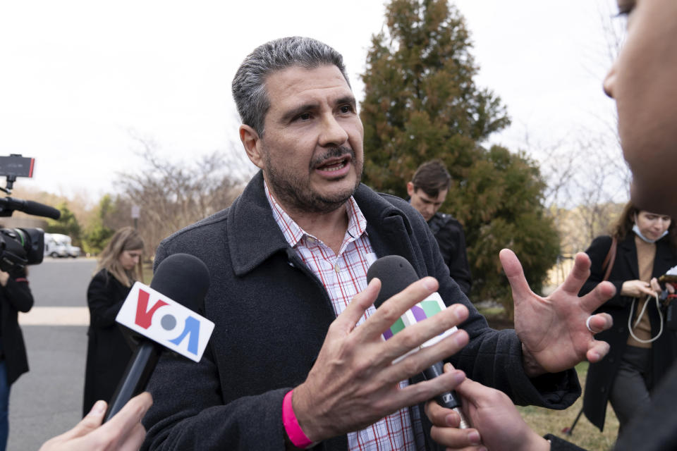 Nicaraguan Juan Sebastián Chamorro talks to reporters in Chantilly, Va., Thursday, Feb. 9, 2023, after flying in to the Washington Dulles International Airport. Chamorro was among some 222 prisoners of the government of Nicaraguan President Daniel Ortega who arrived in Washington on Thursday. (AP Photo/Jose Luis Magana)