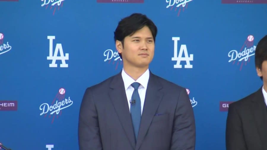Shohei Ohtani stands at Dodger Stadium ahead of his introductory press conference on Dec. 14, 2023. (KTLA)