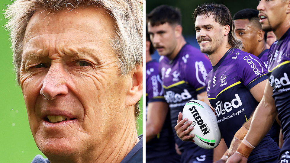 Ryan Papenhuyzen (pictured right) has been floated as a $850,000 signing for a rival club with talks the Melbourne Storm and Craig Bellamy (pictured left) are closing to extending his deal. (Getty Images)