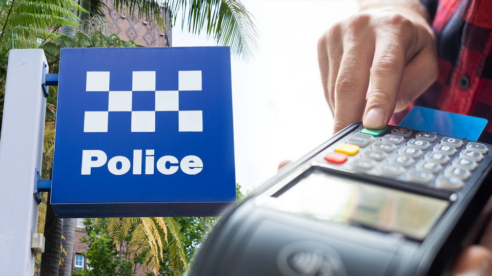 Pictured: Australian police logo, eftpos machine. Image: Getty