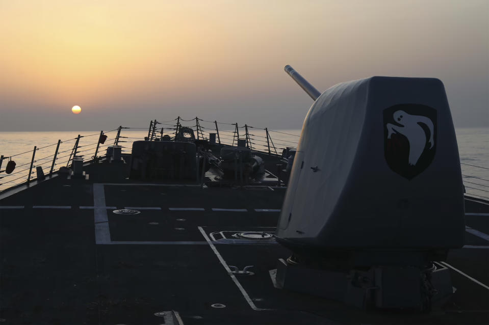 In this photo provided by the U.S. Navy, the Arleigh Burke-class guided-missile destroyer USS Milius (DDG 69) conducts a routine Taiwan Strait transit on Sunday, April 16, 2023. The U.S. Navy sailed the warship through the Taiwan Strait on Sunday, in the first such transit made public since China carried out large-scale military drills around the self-ruled island last weekend in retaliation for a visit by Taiwan's president to the U.S. (U.S. Navy via AP)