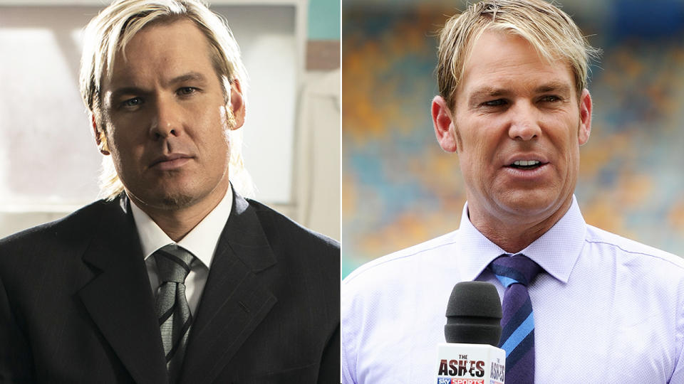 Alex Williams, who played Shane Warne in the 'Warnie' bipic is pictured in character on the left, with Warne himself seen on the right.