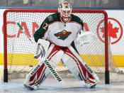 TORONTO, CANADA - JANUARY 19: Niklas Backstrom #32 of the Minnesota Wild stops shots in the warm-up prior to a game against the Toronto Maple Leafs on January 19, 2012 at the Air Canada Centre in Toronto, Ontario, Canada. (Photo by Claus Andersen/Getty Images)