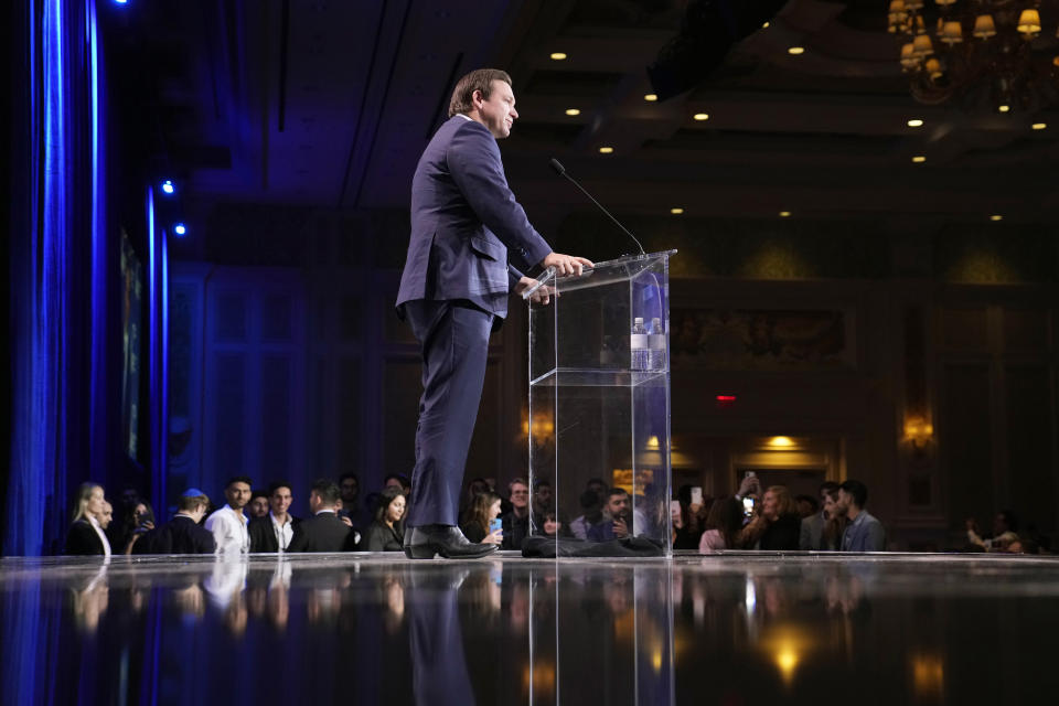 FILE - Florida Gov. Ron DeSantis speaks at an annual leadership meeting of the Republican Jewish Coalition, Nov. 19, 2022, in Las Vegas. DeSantis has emerged as a political star early in the 2024 presidential election season even as he ignores many conventions of modern politics. (AP Photo/John Locher, File)