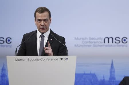 Russian Prime Minister Dmitry Medvedev delivers a speech at the Munich Security Conference in Munich, Germany, February 13, 2016. REUTERS/Dmitry Astakhov/Sputnik/Pool