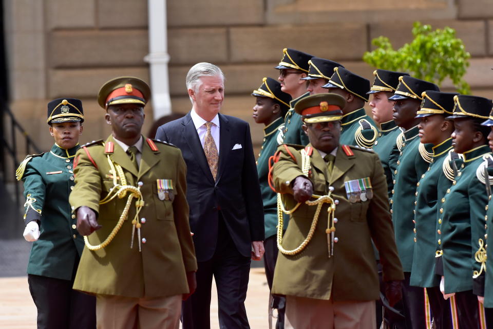 King Philippe of Belgium reviews a guard of honour at a welcoming ceremony in Pretoria, South Africa, Thursday, March 23, 2023. The King and Queen Mathilde are on a four-day state visit to South Africa. (AP Photo/Frans Sello waga Machat)