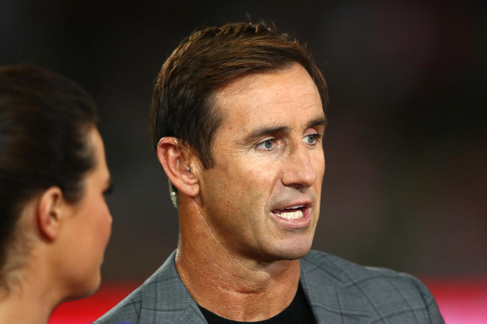 Andrew Johns, pictured here before an NRL match in 2019.