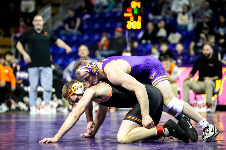 Northern Iowa's Parker Keckeisen won the Big 12 title at 184 pounds on Sunday night. He beat Iowa State's Marcus Coleman, 6-2, in the finals. Keckeisen is now a three-time Big 12 champion, the first in Northern Iowa history.