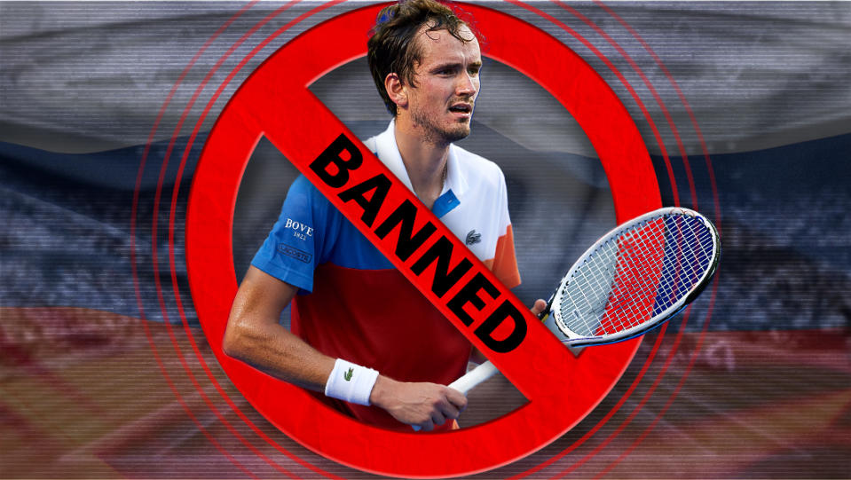 La politización de todo ha llevado a que jugadores como el No. 2 del mundo, Daniil Medvedev, no puedan jugar en Wimbledon simplemente por el lugar donde nació.  (Ilustración de Michael Wagstaffe/Yahoo Sports)