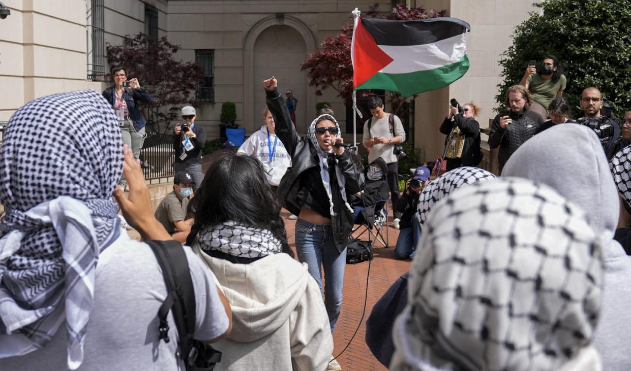 Columbia University students express their solidarity with Palestinians at a protest on April 30, 2024. <a href="https://www.gettyimages.com/detail/news-photo/students-protest-where-they-camp-outside-the-entrance-to-news-photo/2150359747?adppopup=true" rel="nofollow noopener" target="_blank" data-ylk="slk:Mary Altaffer-Pool/Getty Images;elm:context_link;itc:0;sec:content-canvas" class="link ">Mary Altaffer-Pool/Getty Images</a>