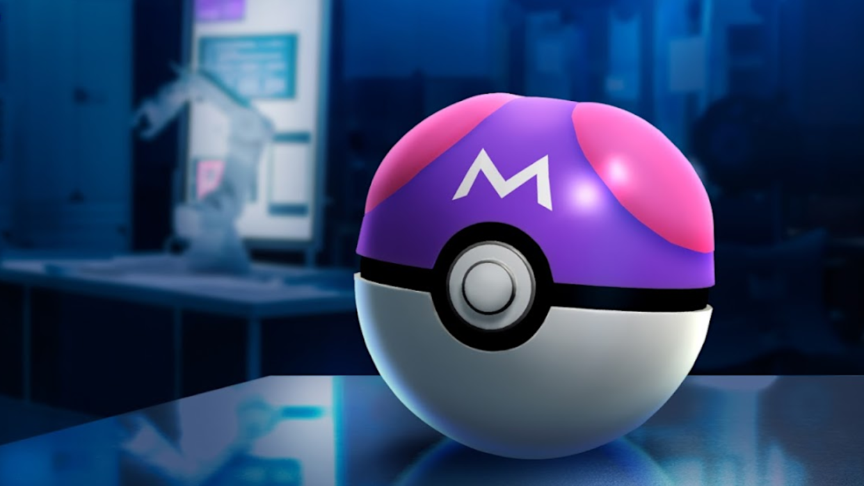  A masterball sits alone in a hi-tech lab. 