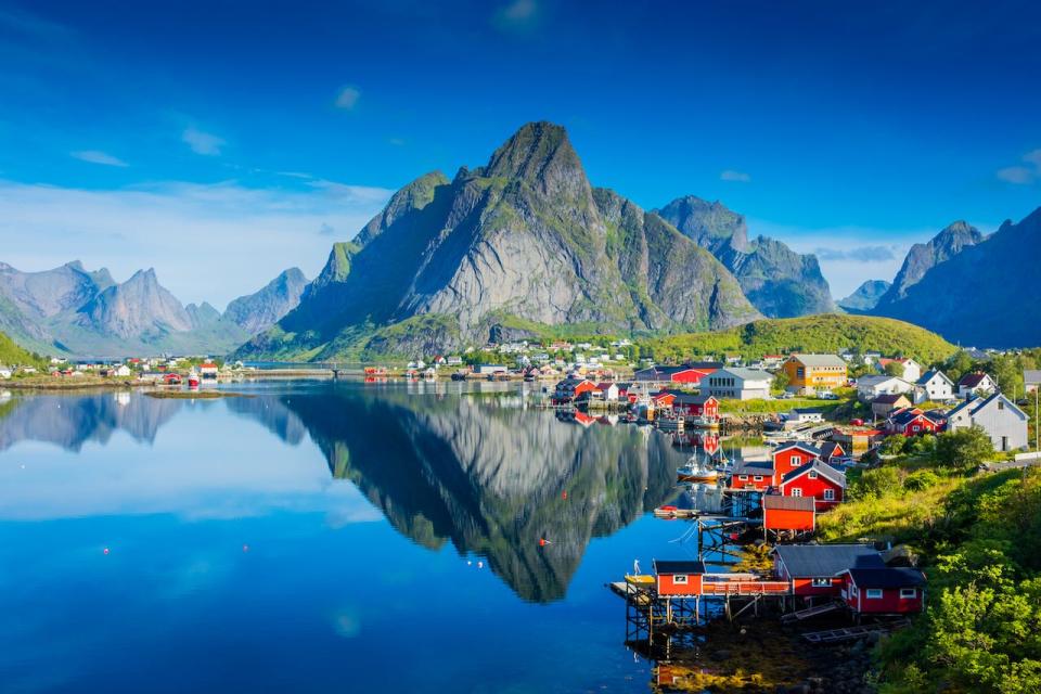 The village of Reine on the water of the fjord in the Lofoten Islands, Norway.