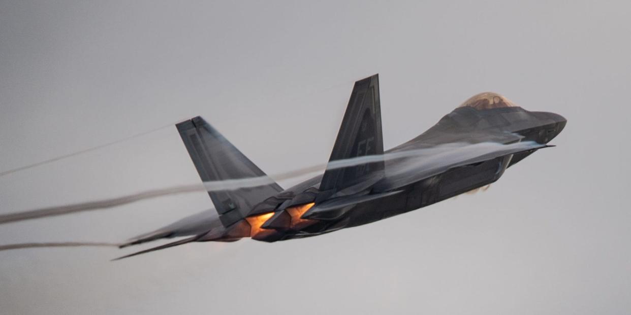 U.S. Air Force Maj. Josh Gunderson, F-22 Demonstration Team commander, performs during a practice at Joint Base Langley-Eustis, Va., May 29, 2020.