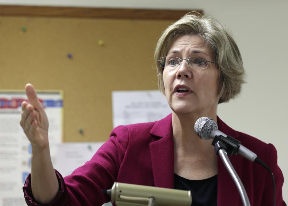 Democrat Elizabeth Warren gestures as she campaigns for the U.S. Senate at a senior housing complex in Quincy, Mass., Tuesday Oct. 16, 2012. Warren is running against incumbent U.S. Sen. Scott Brown, R-Mass. (AP Photo/Charles Krupa)