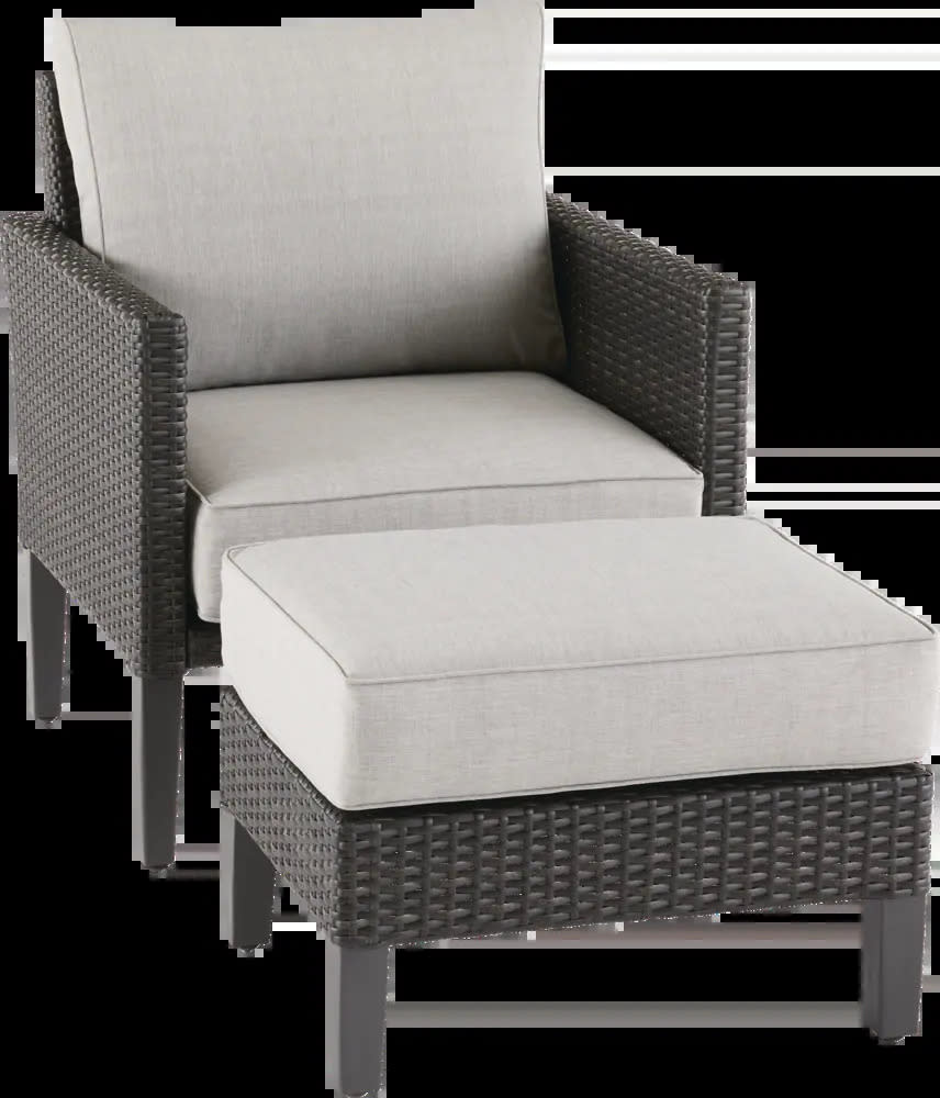 CANVAS Renfrew Outdoor Patio Sectional Chair & Ottoman Set. Image via Canadian Tire.
