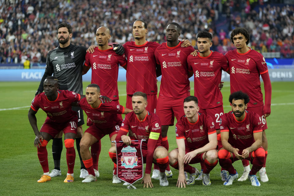 FILE- Liverpool players pose before the Champions League final soccer match between Liverpool and Real Madrid at the Stade de France in Saint Denis near Paris, on May 28, 2022. (AP Photo/Manu Fernandez, File)